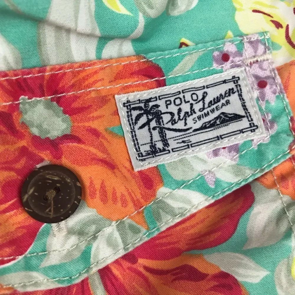Polo Ralph Lauren Teal and Orange Hibiscus Tropical Print Swim Trunks